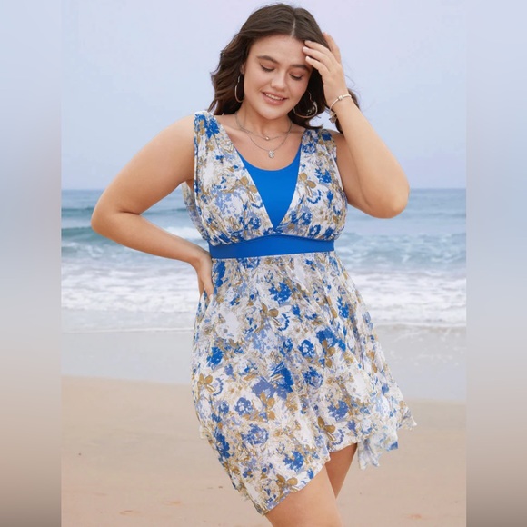 BoomChic NWT  Graphic Patchwork Sculpt Waist Hanky Hem Swim Dress Size 18-20 - Picture 3 of 16